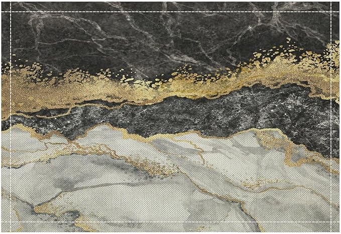 Marble Linen Place Mats Set of 2, 12x17 Inch Modern Luxury Texture Black Grey Gold Marble Washable Fabric Non-Slip Placemats for Home Dining Table Banquets Party Kitchen Decoration