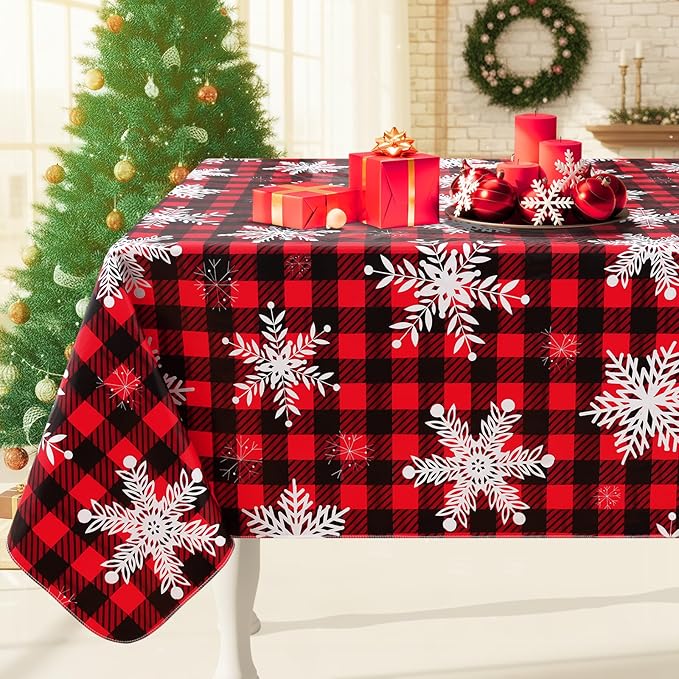 Smiry Christmas Rectangle Table Cloth, Waterproof Vinyl Tablecloth with Flannel Backing, Wipeable Bufflo Checked Snowflake Plastic Tablecloths for Christmas Table Decorations, (52"x70", Black & Red)