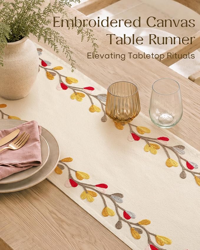 Embroidered Canvas 13"x 72" Narrow Table Runner, Branch | Exquisite Embroidery - Image 2