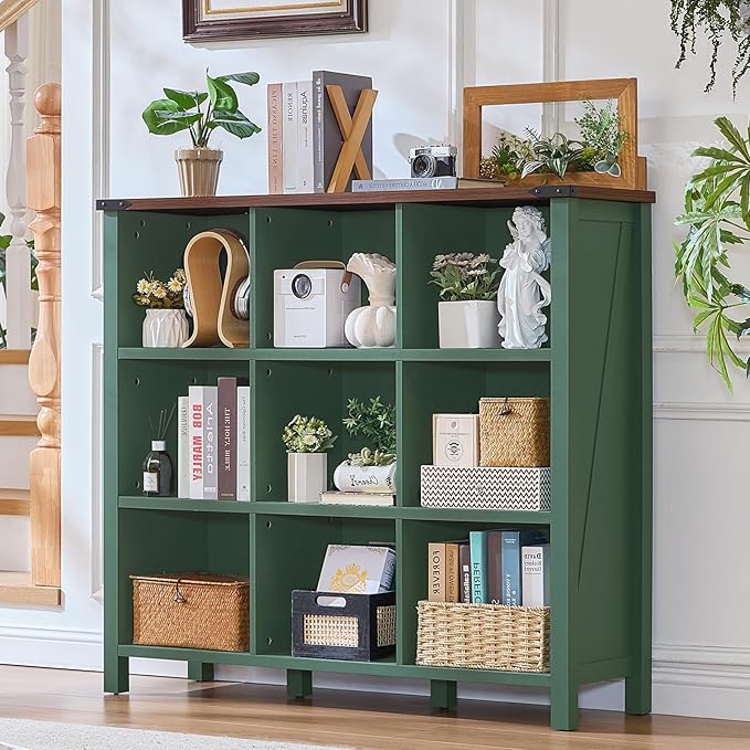 9 Cube Storage Organizer, Farmhouse 47 Inch Wide Vintage Green Bookshelf, Wooden 3 Tier Display Large Open Book Shelf, Rustic Bookcase for Home Office, Cubby Storage Cabinet for Living Room