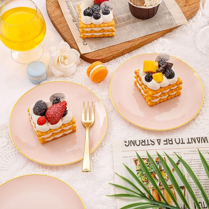 Festiva 200Pcs Pink Gold Cake Plates 6.3" with Forks 5"- Disposable Salad Plates-Pink Dessert Plates-Appetizer Plastic Plates - include 100Plates 100Forks for Party&Wedding&Easter&Valentine's Day