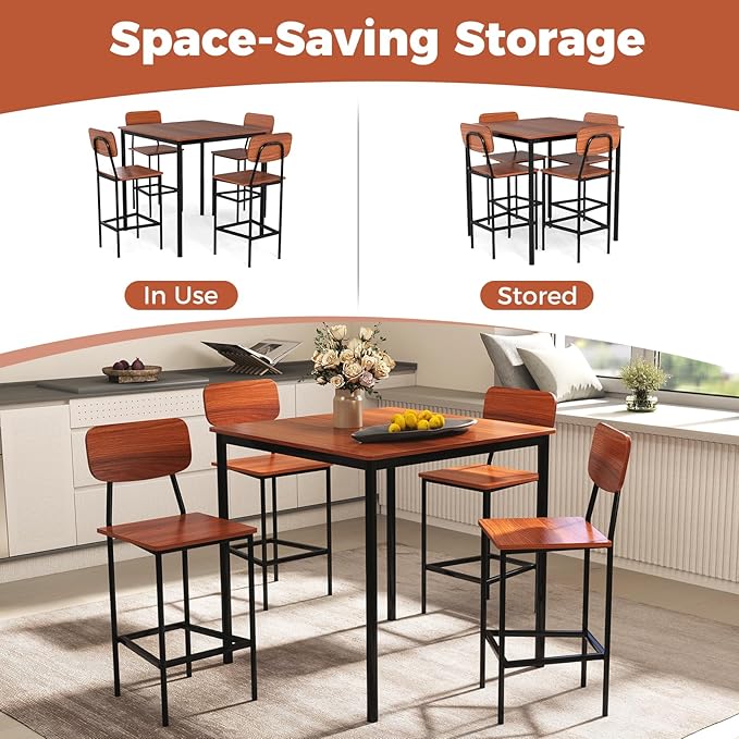 COSTWAY Dining Table Set for 4, 5-Piece Square Kitchen Nook Dinette Set with 4 Bar Stools with Footrest, Backrest, Space-Saving Design, Industrial Kitchen Table and Chairs for Apartment, Walnut
