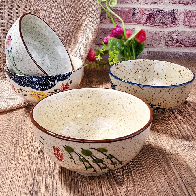 Japanese Retro Rice Bowls Set of 4 Hand-Painted Floral Design Ceramic Soup - Image 6