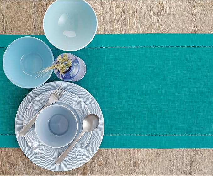 Solino Home 100% Pure Linen Dining Table Runner Teal Hemstitch, 14 x 132 in | - Image 3