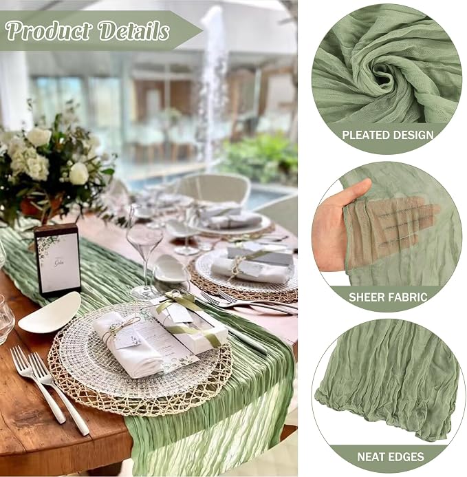 Sage Green 10FT Cheesecloth Table Runner Boho Gauze Fabric Table Runner Rustic - Image 2