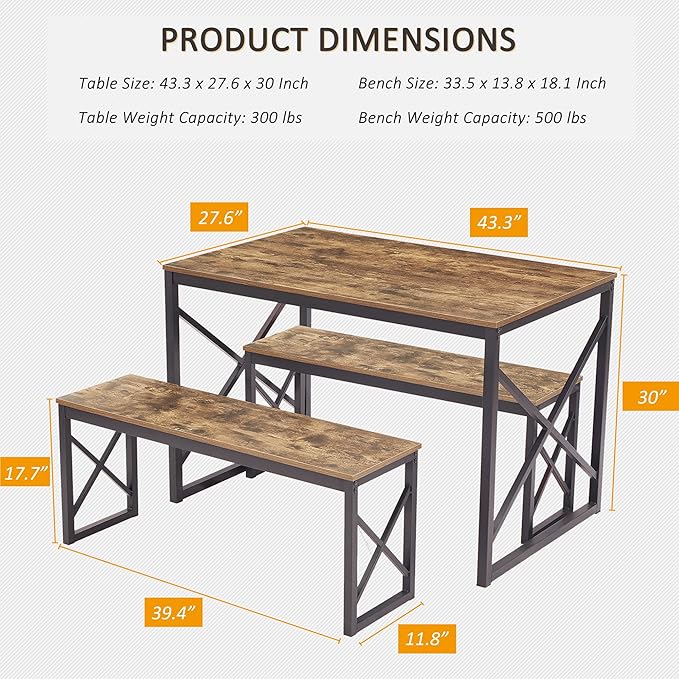 VECELO Kitchen Table with 2 Benches for 4, 43.3'' Wood Dining Room Dinette Sets with X Metal Frame for Breakfast Nook and Small Space, Brown
