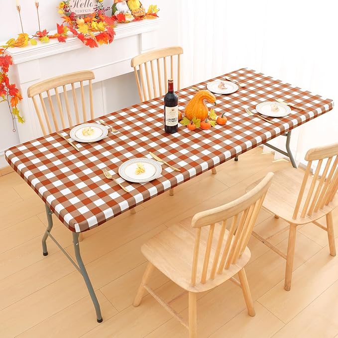 Smiry Rectangle Picnic Table Cloth, Elastic Waterproof Fitted Vinyl Tablecloths, Flannel Backed Buffalo Plaid Table Covers for Dining, Camping, Outdoor, Thanksgiving (White and Rust, 30" x 96")