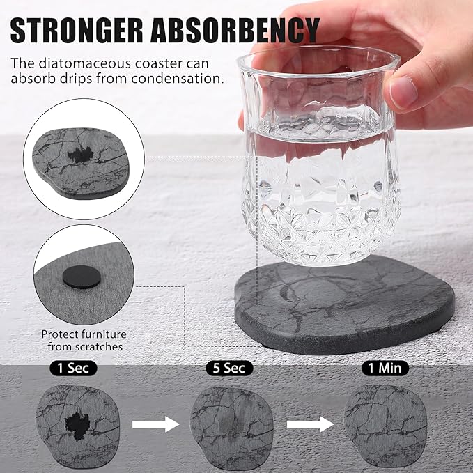 Diatomaceous Earth Coasters Set of 4，Cool Absorbent Quick-Dry Drink Coasters for Desks, Cute Modern Stone Design with Stylish White Aesthetic (4, Marble Grey)