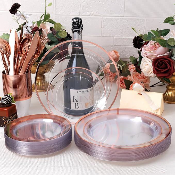 bUCLA 600PCS Clear Rose Gold Plastic Dinnerware Set Disposable - Include 100 Dinner Plates, 100 Dessert Plates, 100 Knives, 100 Forks, 100 Spoons, 100 Cups for Party, Wedding & Valentines Day