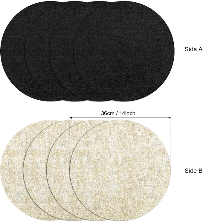 Myir JUN Round Placemats, Dual Sided Faux Leather Place Mats Set of 6 Indoor/Outdoor Non-Slip Washable Table Mats (Cream-White Black, Set of 6)