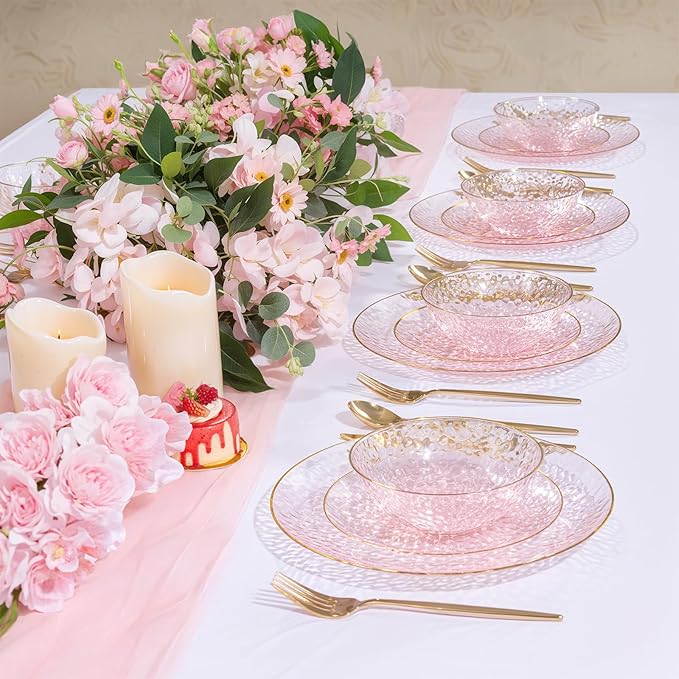 Rubtlamp 20 Pack Clear Pink Disposable Bowls, Pink Plastic Bowls with Gold Rim, 12-16oz Premium Heavy Duty Plastic Dinner Bowls for Party, Wedding and Holiday