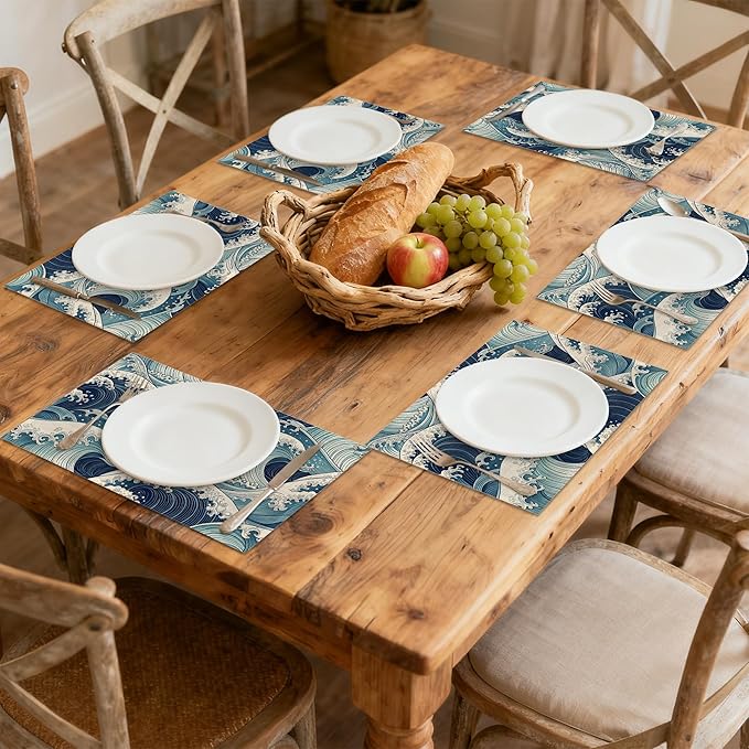 Table Placemats Set of 6, Waterproof Linen Fabric, Non-Slip Backing & Easy Clean, Elegant Dining Table Protectors for Family and Guests(Japanese Waves)