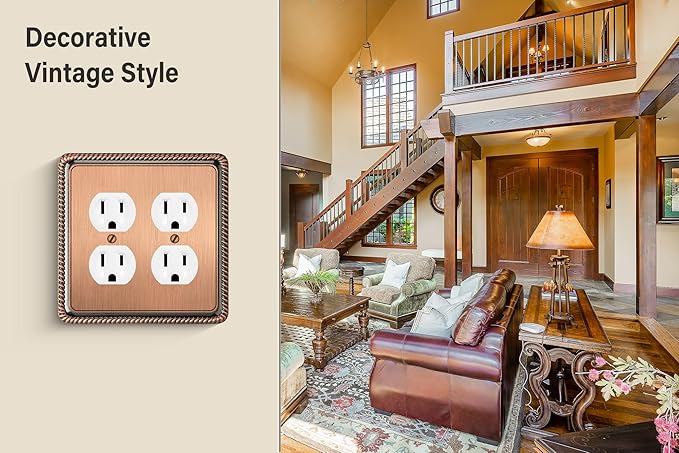 Henne Bery Rope Edge Decorative Wall Plate Switch Plate Outlet Cover (Double Duplex, Antique Copper)