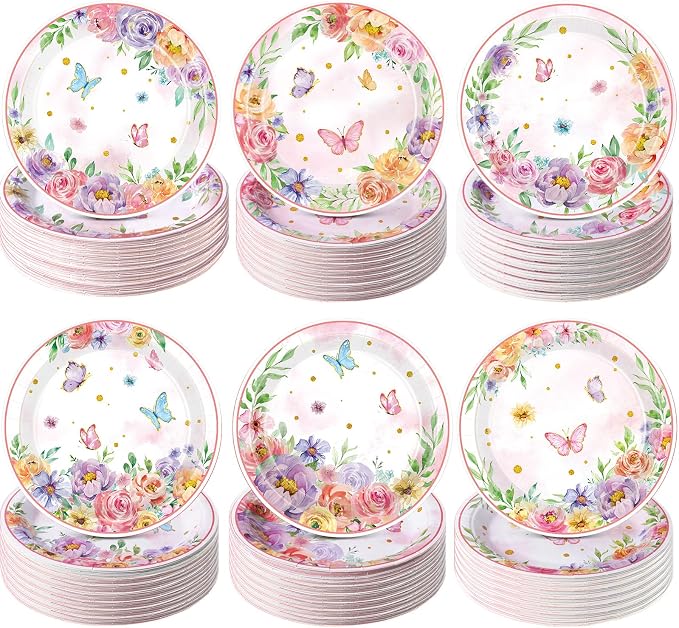 Gerrii 60 Pcs Butterfly Floral Party Plates 7 Inch Spring Butterfly Disposable by Gerrii