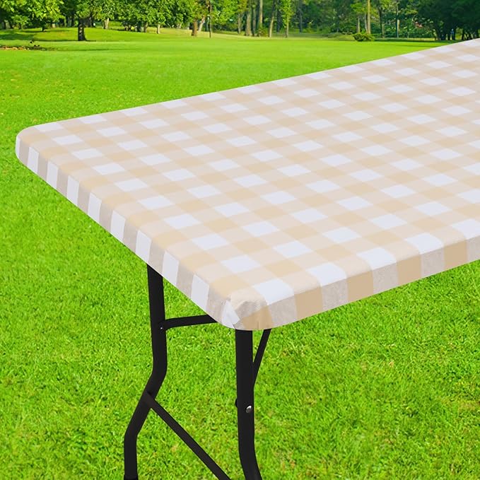 Smiry Rectangle Picnic Table Cloth, Elastic Waterproof Fitted Vinyl Tablecloths, Flannel Backed Buffalo Plaid Table Covers for Dining, Camping, Outdoor (White and Beige, 30" x 96")