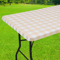 Smiry Rectangle Picnic Table Cloth, Elastic Waterproof Fitted Vinyl Tablecloths, Flannel Backed Buffalo Plaid Table Covers for Dining, Camping, Outdoor (White and Beige, 30" x 96")