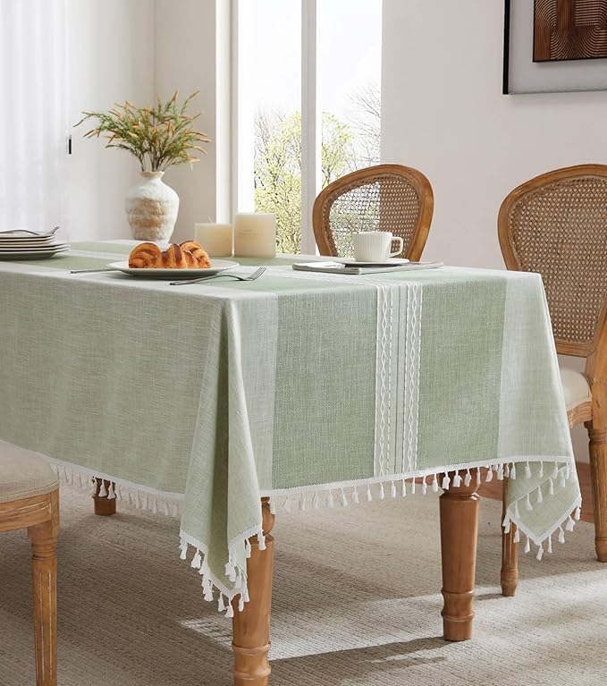ZeeMart Contrast Linen Table Cloth Square Table Cloths 60x60 Inch Mid-Stripe Green, Farmhouse Style Heavy Weight Sage Green Tablecloth, Water Resistant Burlap Tablecloths