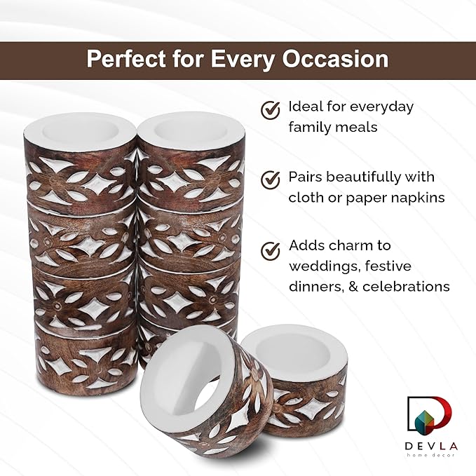 DEVLA Mango Wood Napkin Rings Set, Hand Carved & Hand Painted White Washed, 10 Pieces, Round Table Decor