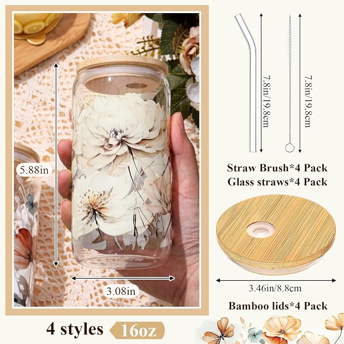 Mumufy 4 Pack Wildflower Glass Cups Gift Aesthetic Cute Glass Cup Tumbler - Image 2