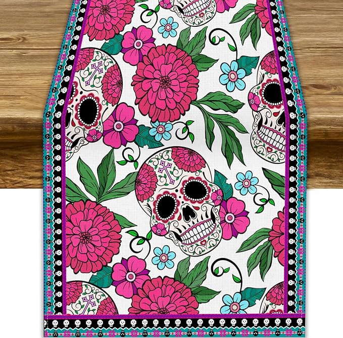 Dia De Los Muertos Table Runner Red Floral Cinco De Mayo Rustic Linen Mexican by YCness