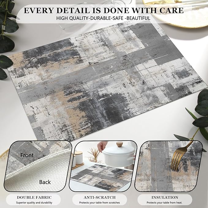 Mcalk Grey Table Runner and Placemats Set of 6, Abstract Black Placemats, Modern Cloth Place Mats Indoor for Kitchen,Washable Linen Material for Dining Table