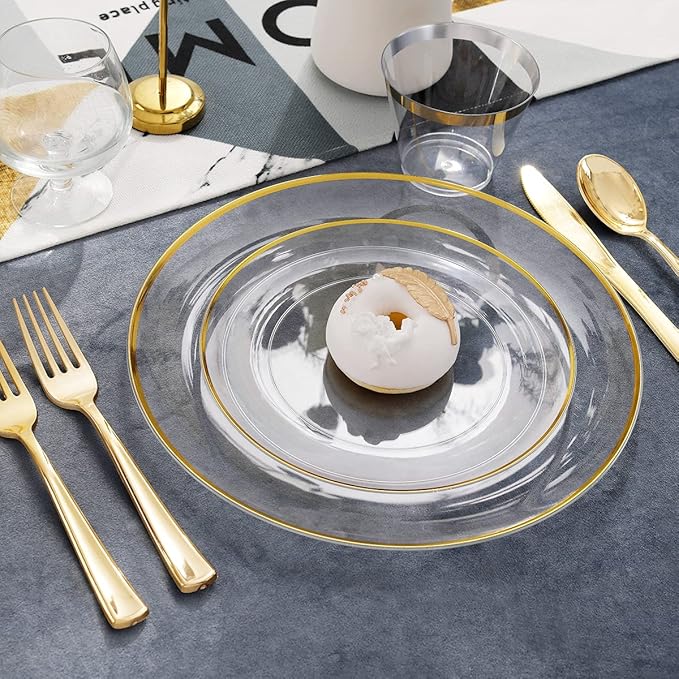LIYH 60 Pcs Clear and Gold Plastic Plates Heavy Duty Clear Disposable Plates for Party Gold Plastic Plate for Wedding Birthday Include 30 Dinner 30 Dessert Plate