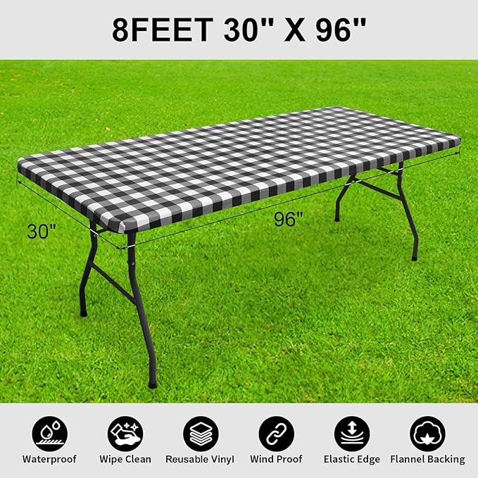 Smiry Rectangle Picnic Table Cloth, Elastic Waterproof Fitted Vinyl Tablecloths, Flannel Backed Buffalo Plaid Table Covers for Dining, Camping, Outdoor (Black and White, 30" x 96")