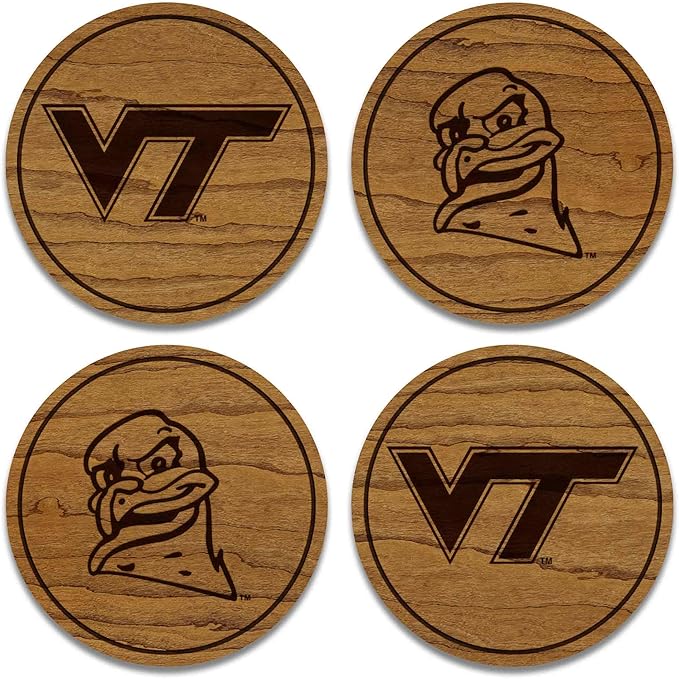 LazerEdge Virginia Tech Hokies Wooden Coaster Set - Cherry Wood - Officially Licensed Product - 4-Pack