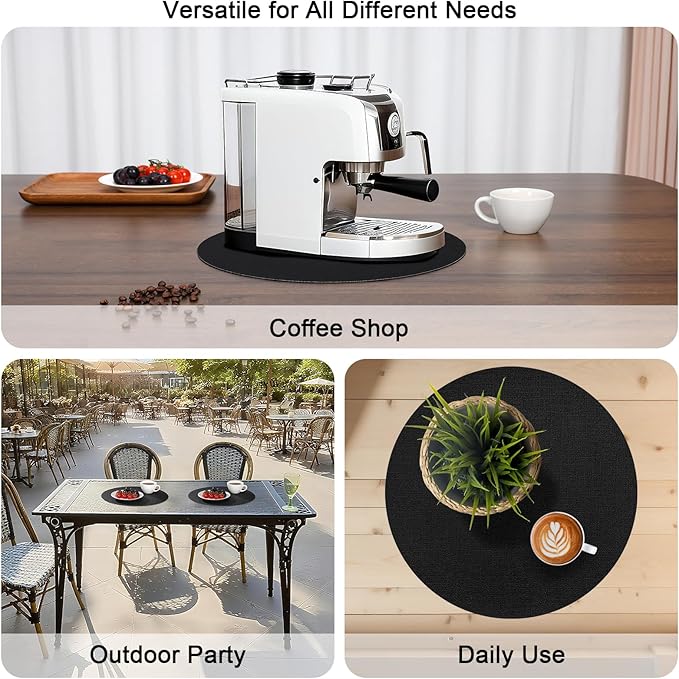 Myir JUN Round Placemats, Dual Sided Faux Leather Place Mats Set of 4 Indoor/Outdoor Non-Slip Washable Table Mats (Black, 4 Pack)