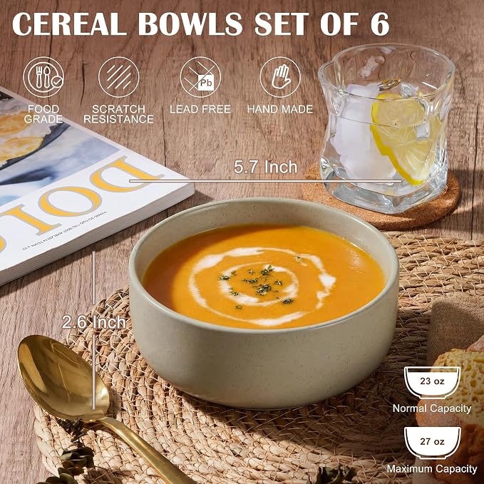 E-far Cereal Bowls Set of 6, 27oz Ceramic Deep Soup Bowls - Image 2