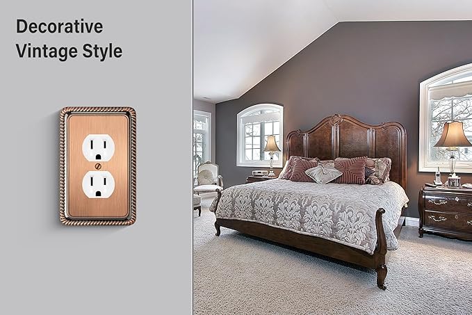 Henne Bery Rope Edge Decorative Wall Plate Switch Plate Outlet Cover (Single Duplex, 2 Pack, Antique Copper)