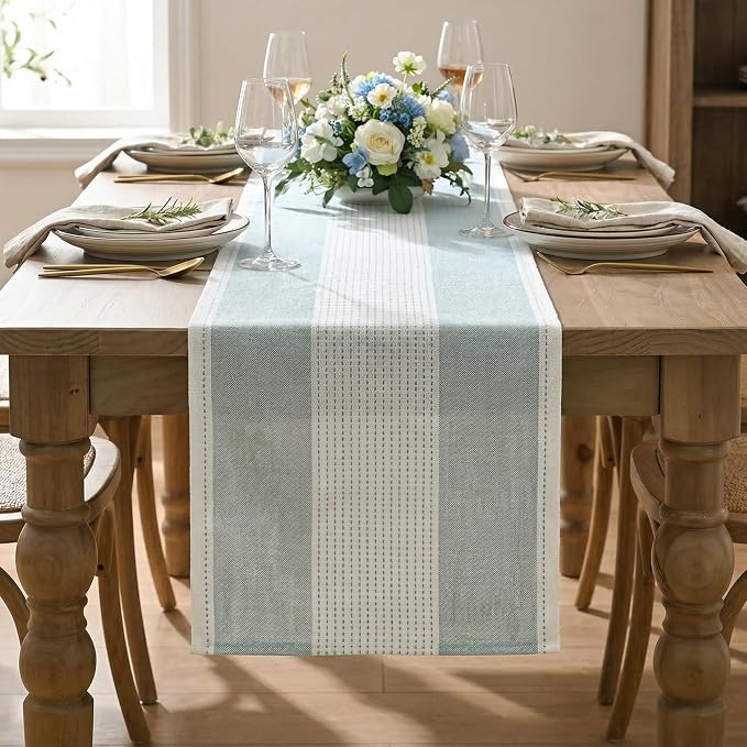 Artoid Mode Ice Blue Farmhouse Rustic Table Runner, Seasonal Macrame Fabric - Image 2