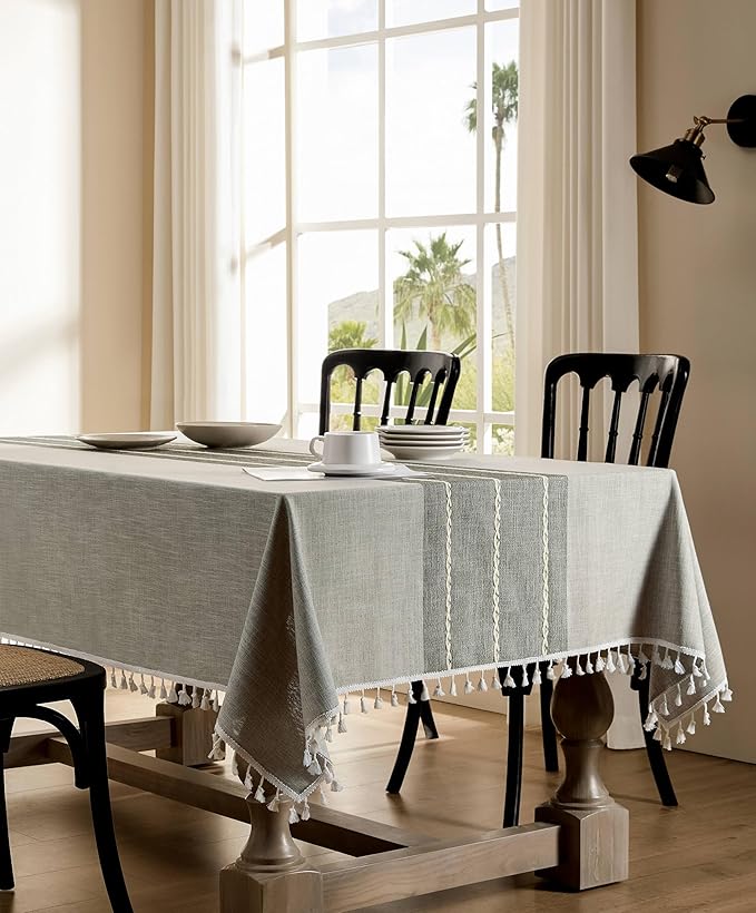 ZeeMart Contrast Linen Table Cloth Rectangle Table Cloths 52x70 Inch Grey, Farmhouse Style Heavy Weight Grey Tablecloth, Water Resistant Burlap Tablecloths