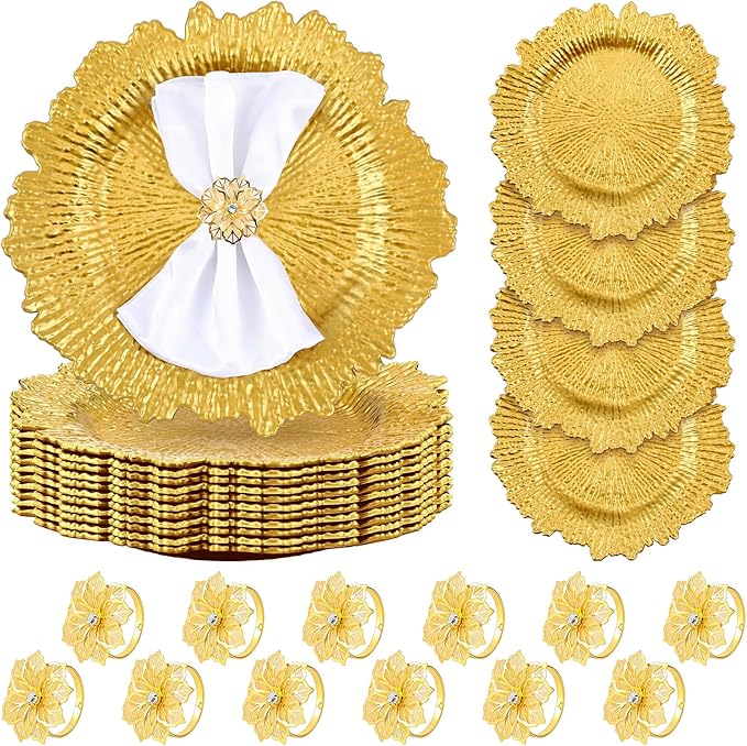 Dandat 24 Pcs Charger Plate Bulk 13'' Floral Reef Plates with Napkin Ring Plastic Dinner Charger Hollow Out Flower Napkin Holder Plastic Plate for Table Setting Wedding Party (Gold)