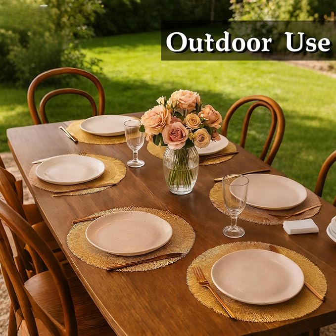 FAVE Set of 8 Gold Vinyl Round Placemats, Decorative Tassel Washable for Table Setting, Home Dining, Party, Restaurant (15 Inch,8PCS)