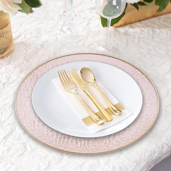 PARTY BARGAINS 13-Inch Charger Plates - 48 Pack, Hammered Pink Gold Rim, Heavy-Duty Disposable Chargers for Elegant Dining - Ideal for Weddings and Formal Events
