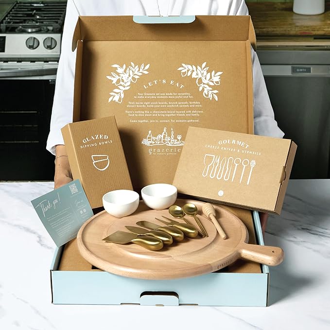 Charcuterie Board Set - Round Beech Wood Cheese Board for Serving with Accessories - House Warming Gifts for New Home, Bridal Shower & Wedding Gift, Birthday Gifts for Women
