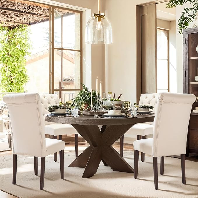 COLAMY Tufted Dining Chairs Set of 6, Accent Parsons Diner Chair Upholstered Fabric Stylish Kitchen Chairs with Solid Wood Legs, Beige