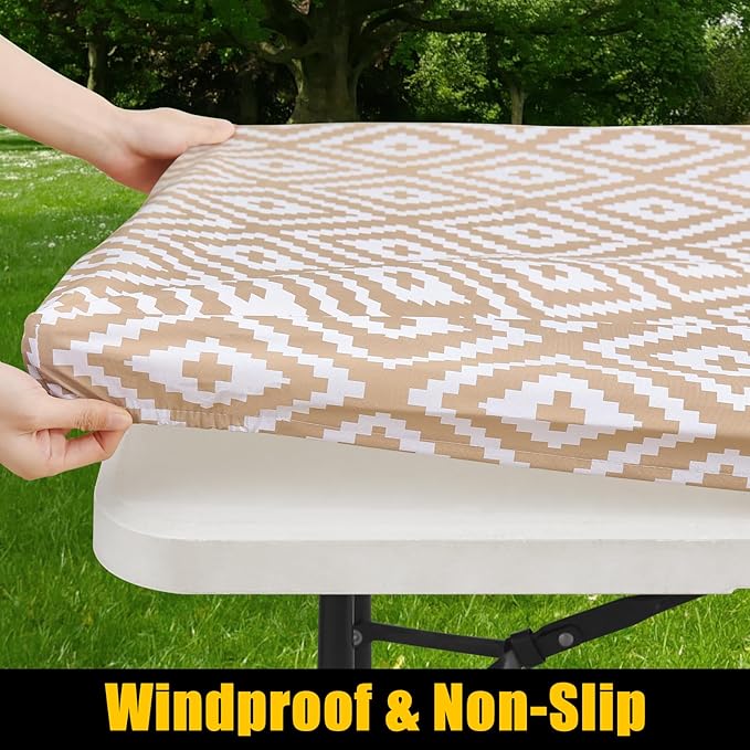 Smiry Rectangle Table Cloth Cover, Waterproof Elastic Fitted Picnic Tablecloth for 5 Foot Tables, Wipeable Flannel Backed Vinyl Tablecloths for Camping, Dining, Outdoor (Khaki, 30" x 60")