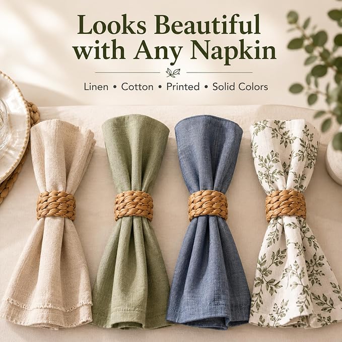 12 Pcs Rattan Woven Water Hyacinth Napkin Rings, Natural Farmhouse Wicker - Image 6