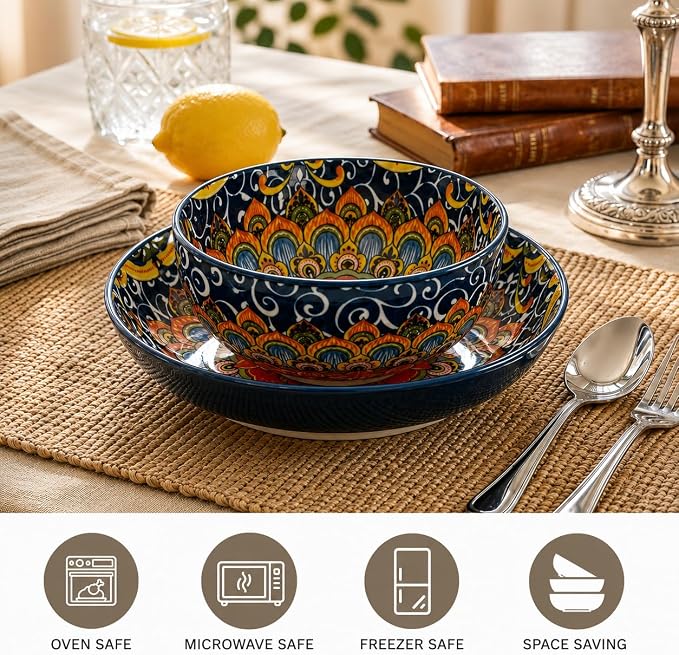 Cereal Bowls Set of 6, Bohemian Ceramic Soup Bowls, 28 oz Colorful Bowls Set - Image 4