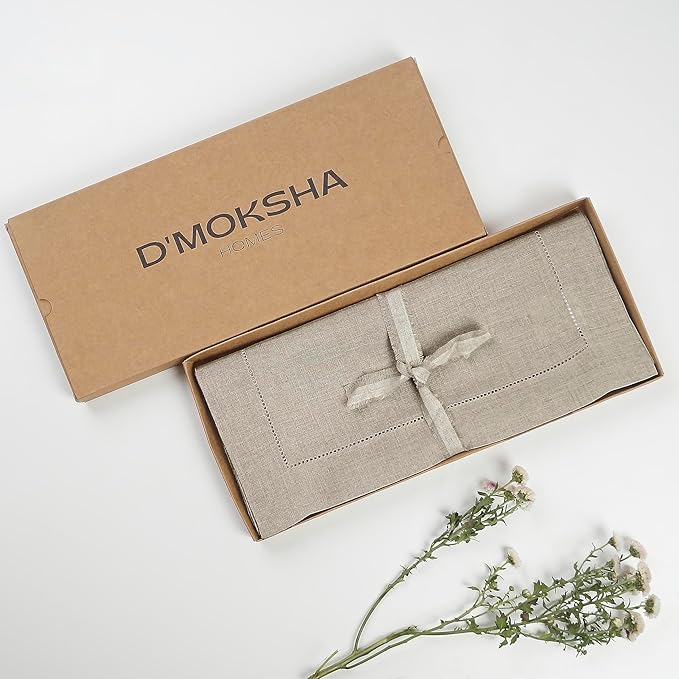 D'Moksha Homes Linen Natural Table Runner 108 Inches Long - 100% Pure Linen 14 x 108 Inch Table Runner for Valentines, Spring, Easter - Classic Hemstitch