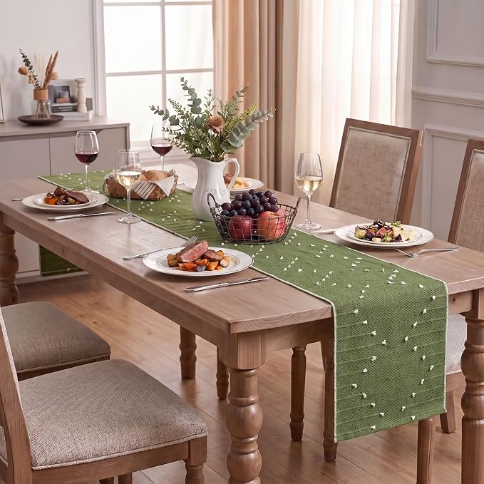 Artoid Mode Army Green Farmhouse Rustic Cotton Woven Table Runner, Seasonal - Image 6