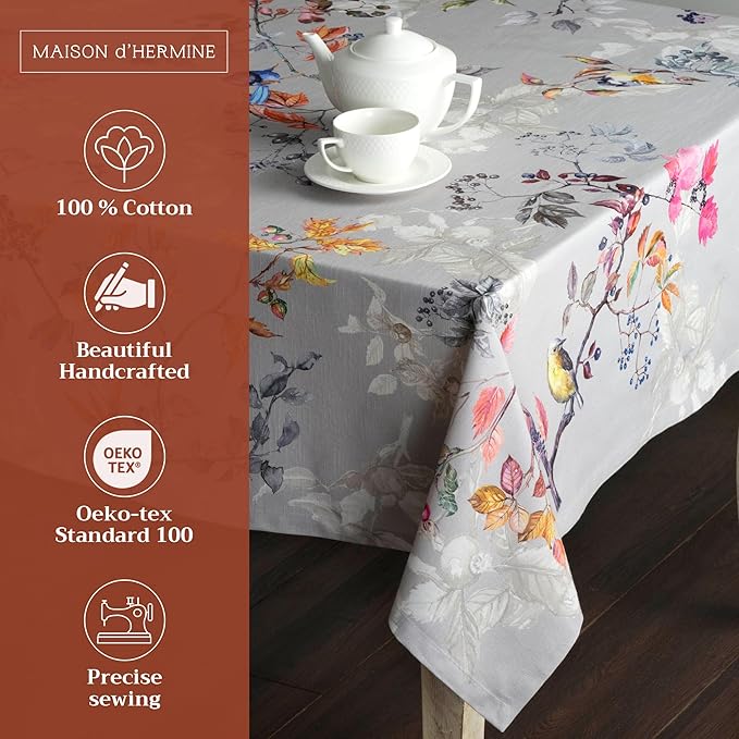 Maison d' Hermine Table Cloth Rectangle Table 100% Cotton 70 x 120 Inches Fall Tablecloth Reusable Everyday Use for Thanksgiving Christmas Decorations Dining Farmhouse Party (Equinoxe - Grey)