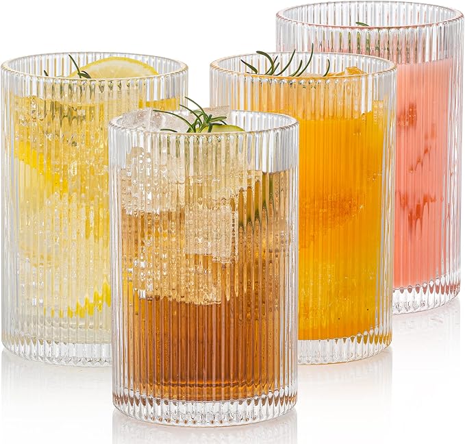 Vintage Ribbed Glassware Set: 4pcs 16.9oz XL Drinking Glasses, Fluted Ripple by Polishyourdreamlightupthefuture