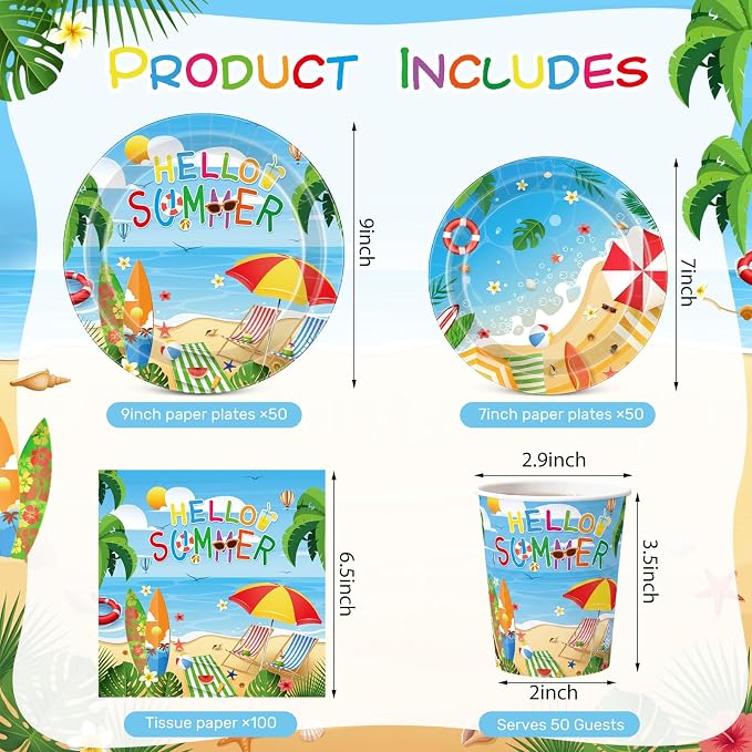 Pickmesh 250 Pcs Hello Summer Plates Napkins and Cups Beach Party Decorations - Image 2