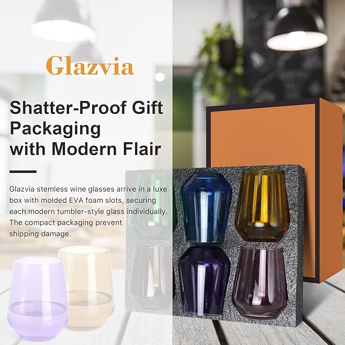 Multi Colored Stemless Wine Glasses Set of 6, 15oz Drinking Glassware Dishwasher Safe, Wine Glass Tumblers for Red or White, Gift for Party, Holiday, Anniversary, Restaurant, Bar, Daily Use