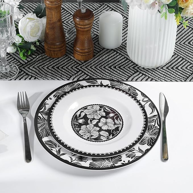 Melamine Dinnerware Sets 12pcs-Melamine Plates and Bowls Set Black Flower Lily Pattern Indoor Outdoor Use Unbreakable Dishwasher Safe