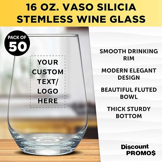 DISCOUNT PROMOS 50 Vaso Silicia Stemless Wine Glasses Set, 16 oz. - Personalized Text, Logo - Clear, Orb-Like, Thick base - Clear