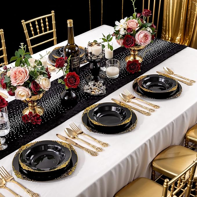 100PCS Black Plastic Bowls - 12 oz Black Gold Disposable Salad Bowls - Heavy Duty Soup Serving Bowl - Fancy Plastic Candy Bowl for Weddings, Parties, Dinners, Catering, Picnics, Party
